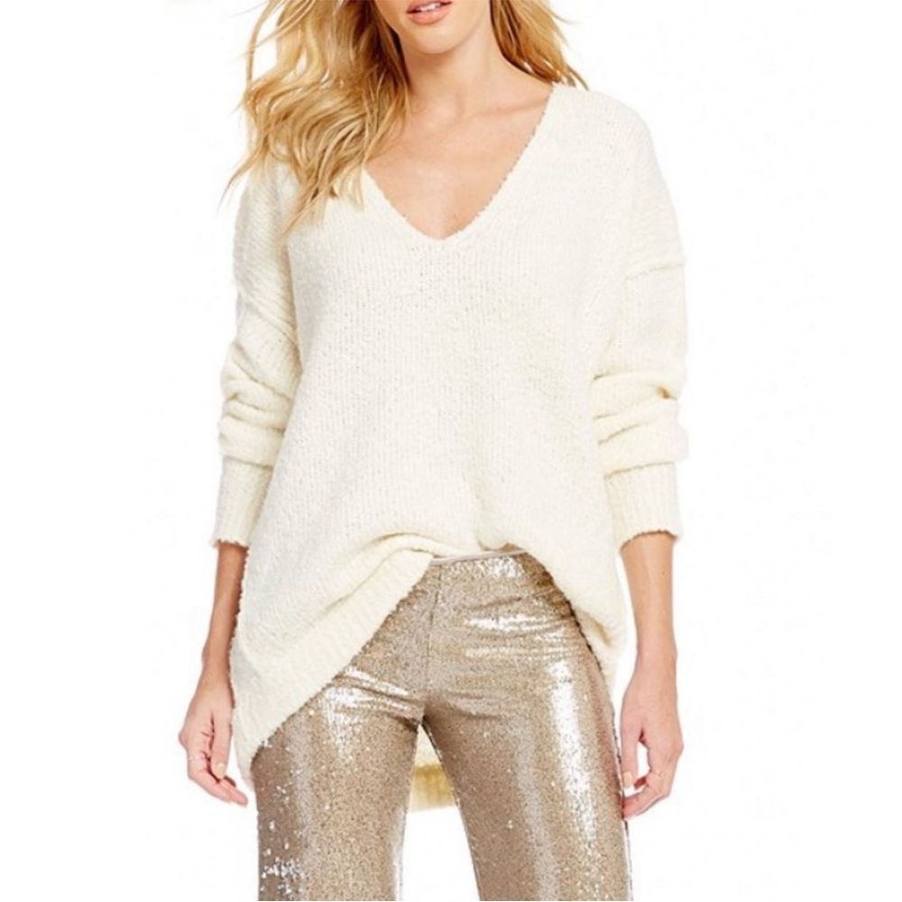 Free People Lofty Off White Pullover Alpaca Blend Cozy V-Neck Sweater Boho